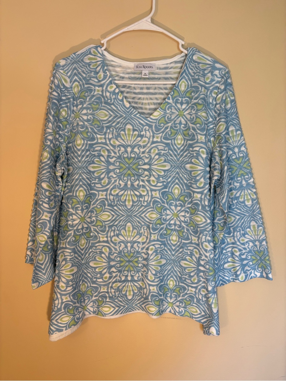 Kim Rogers Light Blue Patterned V-Neck Tunic with Green and White Accents